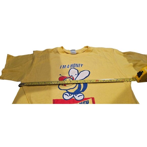 Im A Bit O Honey T Shirt Size L Sheer Yellow Tee Bee Wearing Hat Vtg Logo Cute - Picture 4 of 9